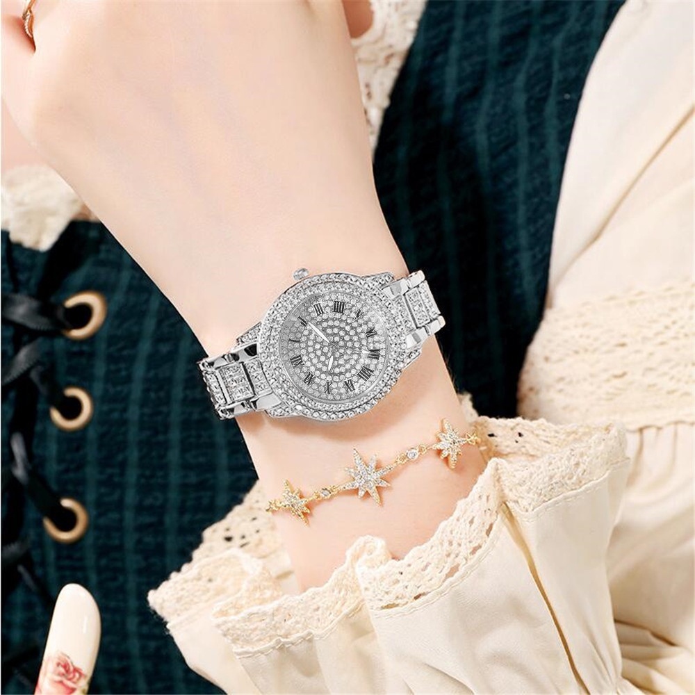 （Đồng hồ + Vòng）tay Đồng Hồ Đeo Tay Đính Đá Thời Trang Dành Cho Nữ
