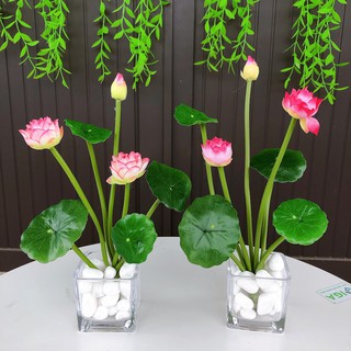 Cụm hoa sen cao cấp 2 bông 1 nụ 25cm kèm lá tuyệt đẹp trang trí phòng khách - Hoa giả lụa