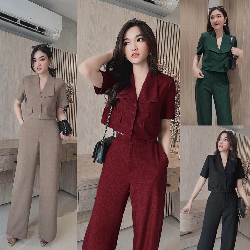 Set Đồ Nữ - Set nguyên bộ quần dài ống suông áo croptop cổ vest 2 nắp túi giả xinh xắn NangDong TJ1170