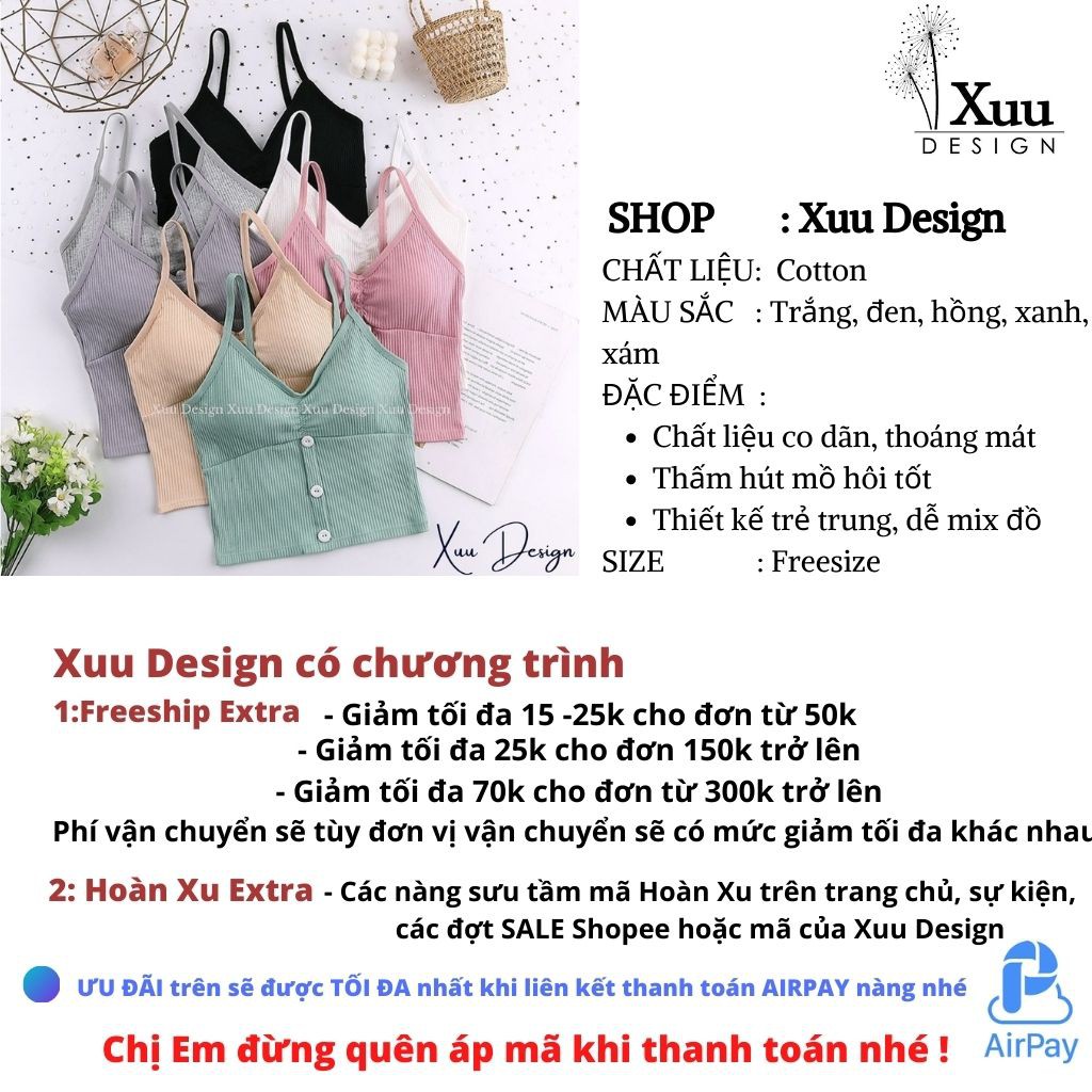 Áo bra phối cúc co dãn 4 chiều 💖Xuu Design💖 Áo lót 2 dây không gọng nhiều màu - BR09