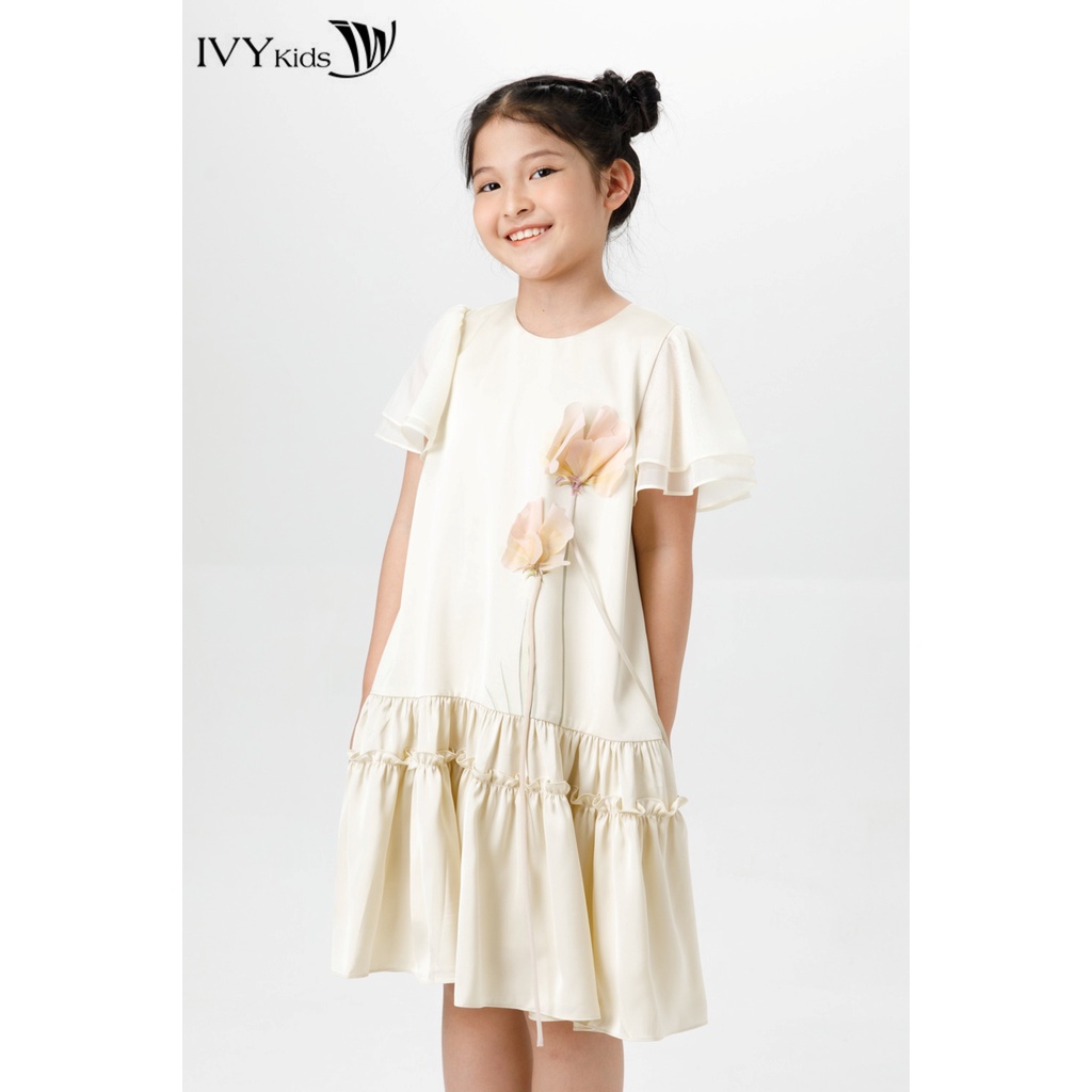 Đầm lụa bé gái phối cành hoa IVY moda MS 48G1519