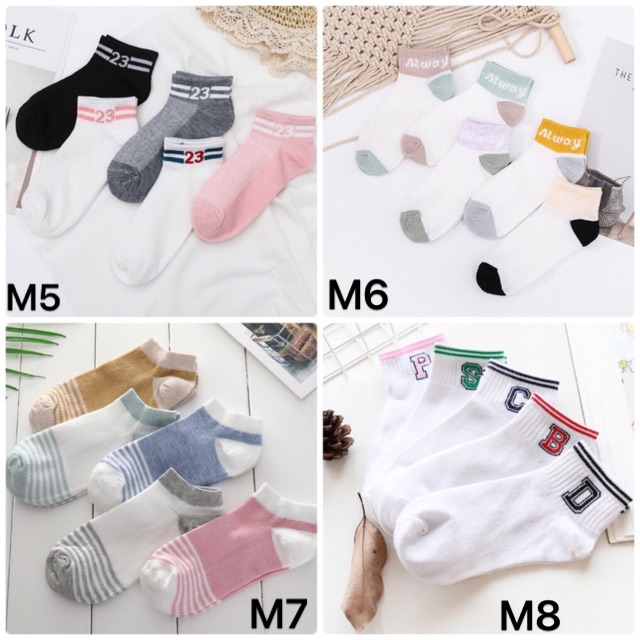 Tất nữ cổ cao, vớ cổ ngắn nữ 5 đôi đủ màu vải cotton co giãn họa tiết dễ thương TC22 - VHT SHOP