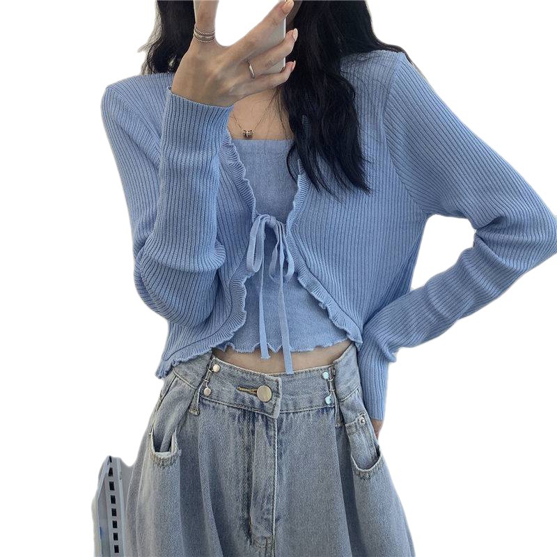 Áo Khoác Croptop tay dài Viền Bèo Phối Dây Cột Ngực I AK2028