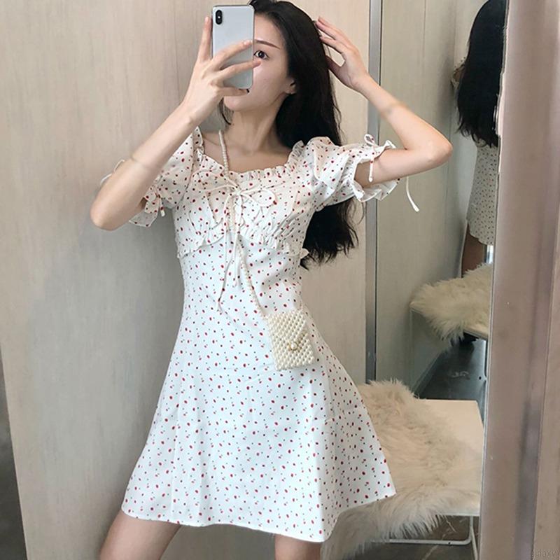 Đầm Nữ Ngắn Tay Cổ Vuông Họa Tiết Hoa Xinh Xắn Phong Cách Hàn Quốc