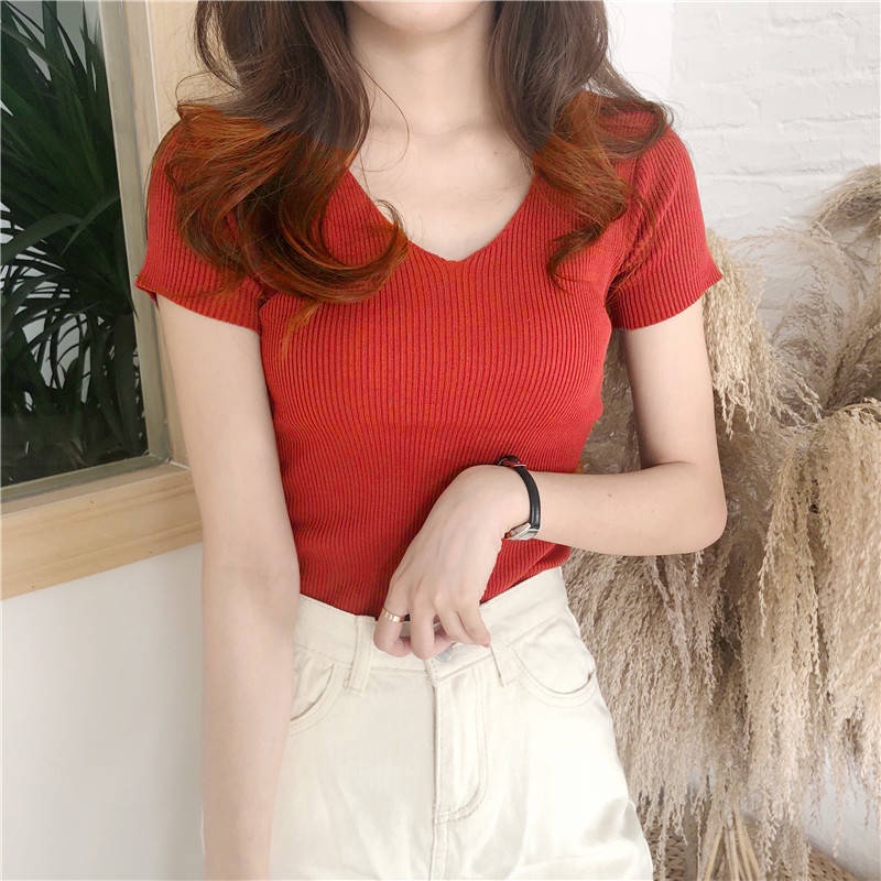 Áo Thun Dệt Kim, Len Gân Cổ Tim Vải Mêm Mịn Mát Thiết Kế Ôm Vừa Vặn Quyến Rũ - MSP T07