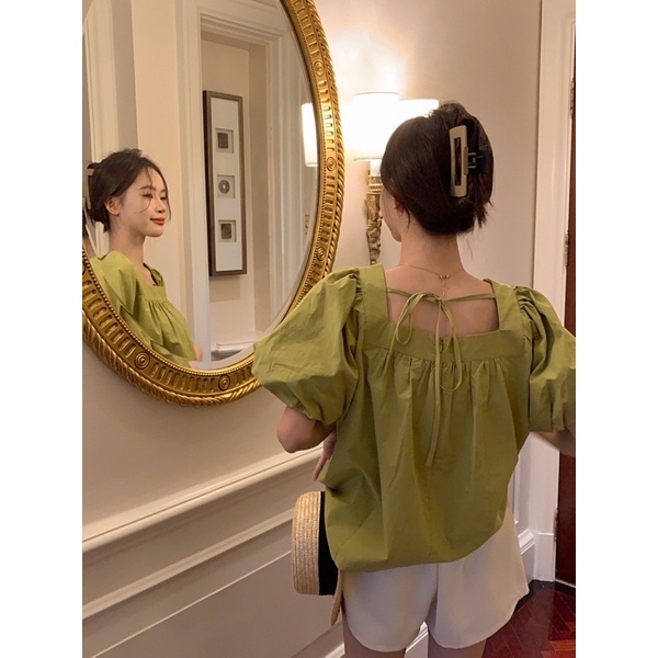 SÉT ÁO CỔ VUÔNG XANH BƠ TAY BỒNG KÈM QUẦN TRẮNG KTGIMI ( Kèm ảnh thật)