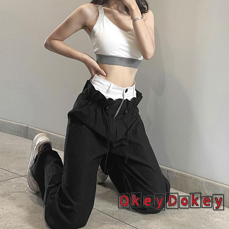OKDK-Women´s Fashion Wide Leg Pants Black High Waist Drawstring Streetwear Straight Leg Pants