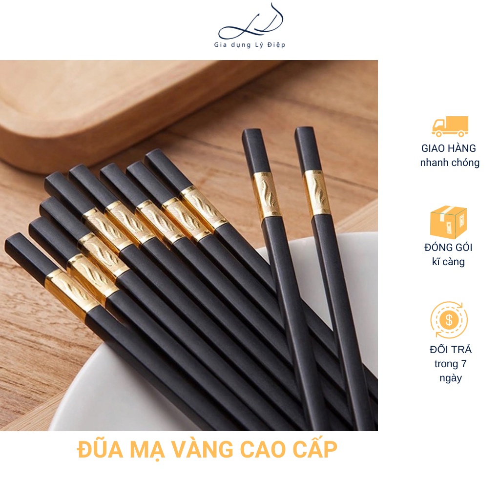 10 Đôi đũa nhựa mạ khảm vàng cao cấp sang trọng・Đũa ăn Hàn Quốc chống trơn trượt, bền màu