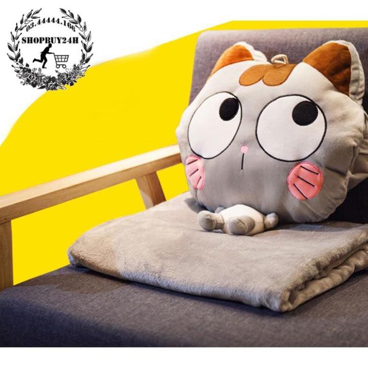 [HCM] -  Bộ chăn gối ngủ văn phòng hình mèo cute dễ thương, chất nỉ ấm dài rộng - Q2