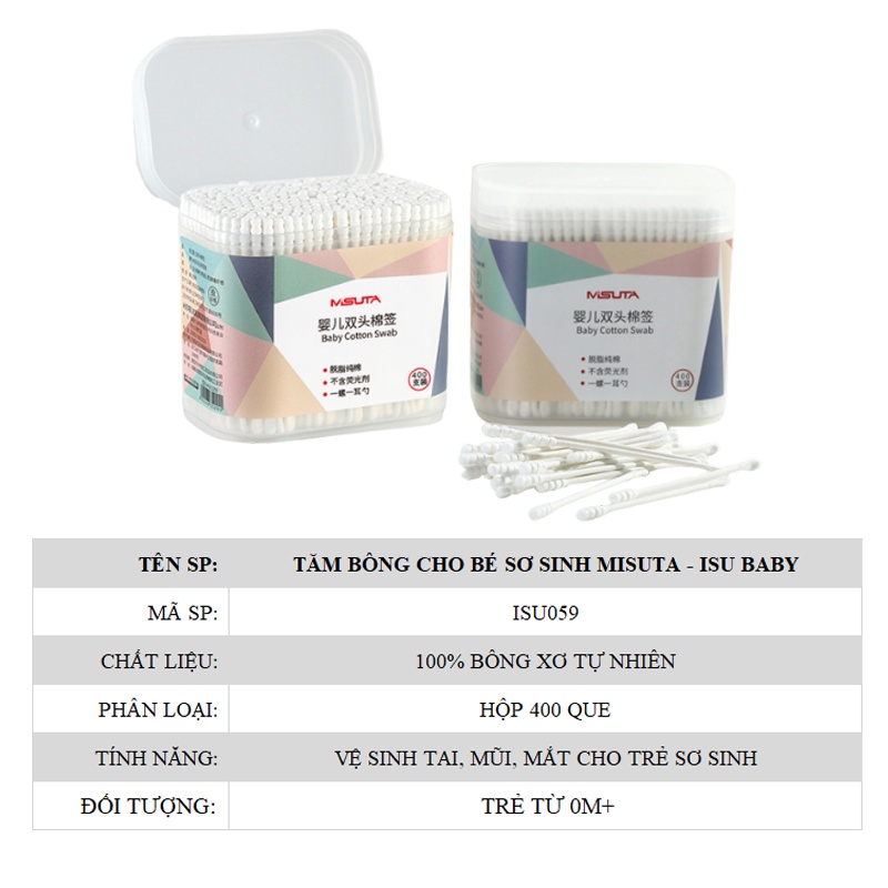 Bông tăm ngoáy tai, vệ sinh mũi cho trẻ sơ sinh 2 đầu tiện lợi Misuta hộp 400 que hoàn toàn từ bông xơ tự nhiên