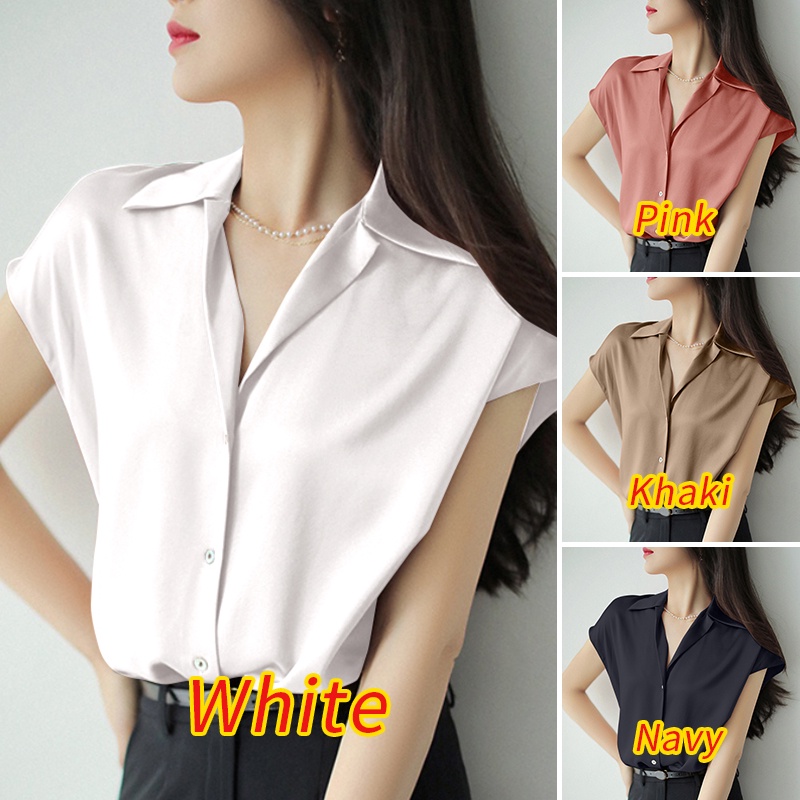 Zanzea Áo Sơ Mi Vải Satin Tay Ngắn Cổ Chữ V Màu Trơn Thời Trang Cho Nữ