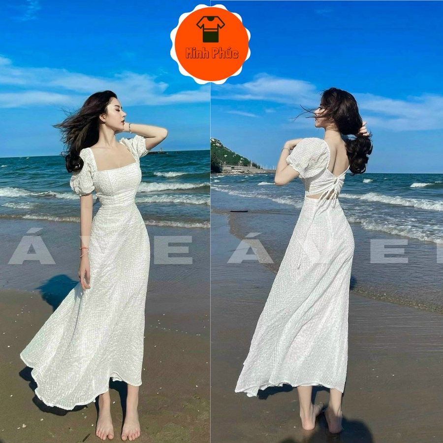 Đầm Maxi Dài Hở Lưng Đi Biển, Maxi Trắng Cổ Vuông Tay Phồng Sexy Thời Trang Nữ Minh Phúc