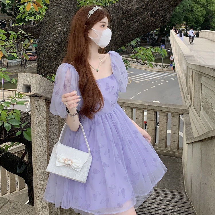 Váy babydoll Đầm Tay Phồng Cổ Vuông Eo Cao Thời Trang Mùa Hè Phong Cách Mới Ngọt Ngào Cho Nữ