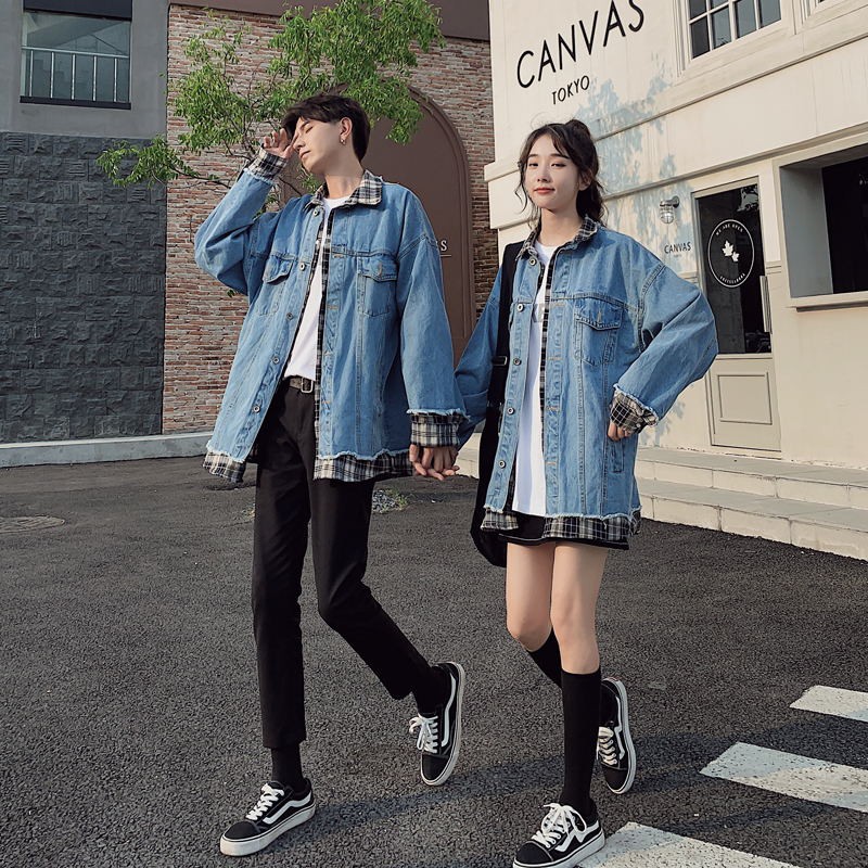 Áo Khoác Jeans Giả Hai Lớp Phong Cách Hàn Quốc Cho Cặp Đôi