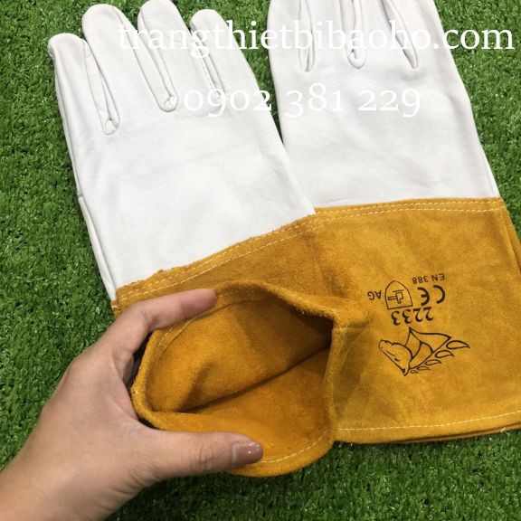 Găng tay da hàn ngựa màu vàng trắng TIG 2233 (34cm)