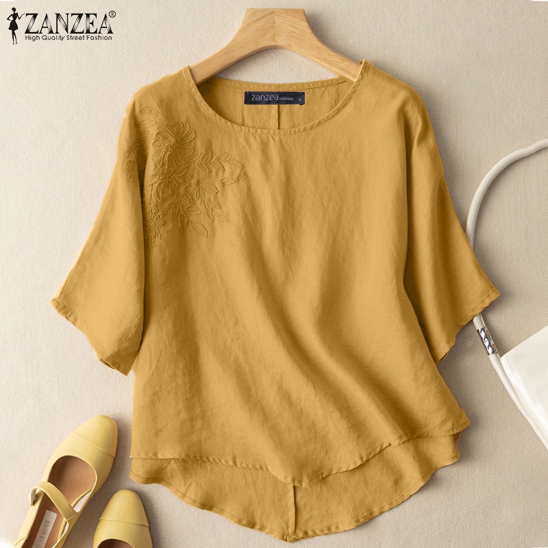 Áo thun ZANZEA cho nữ cổ tròn tay lửng màu trơn phong cách retro