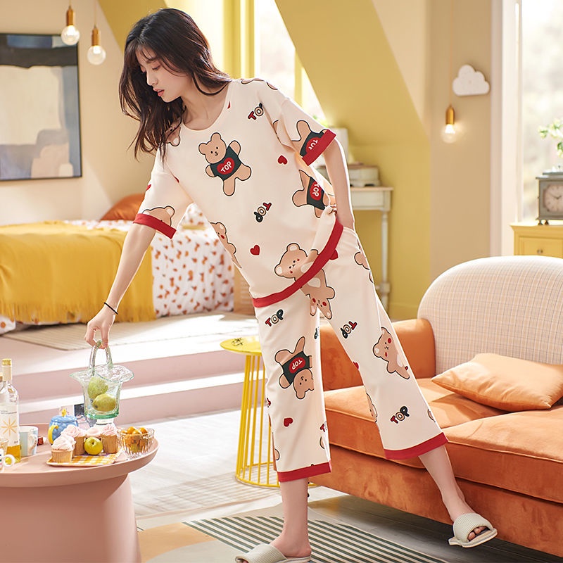 Bộ Đồ Ngủ Pijama Tay Ngắn Chất Cotton Mỏng Nhẹ Dáng Rộng Thời Trang Mùa Hè Xinh Xắn Cho Nữ