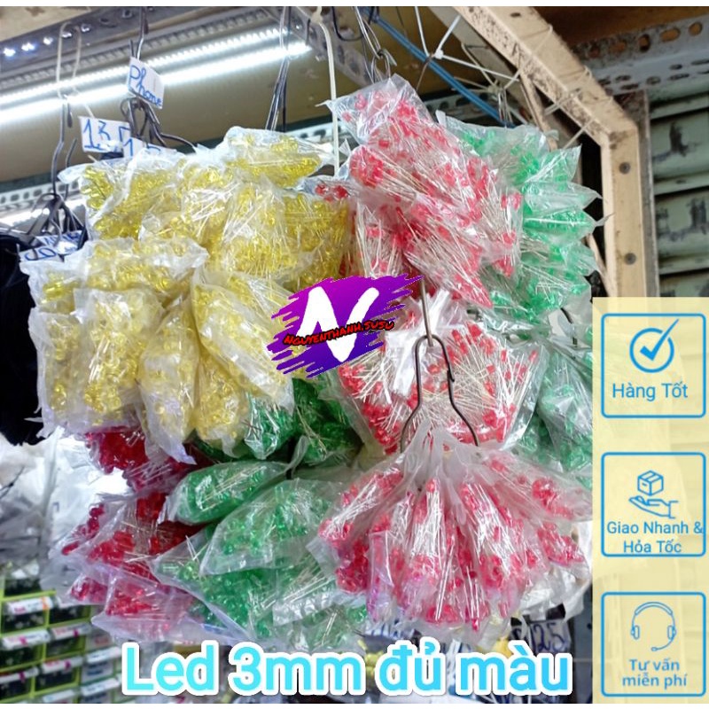 bóng led đỏ 3mm ( led đủ màu 3mm đỏ , vàng , xanh lá, xanh dương, trắng)
