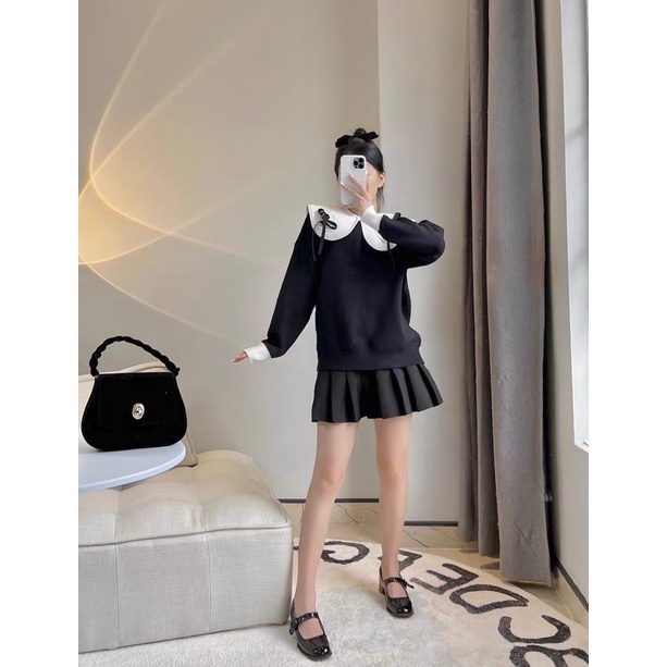 ÁO SWEATER ĐEN PHỐI NƠ BÈO CỔ BASIC PHONG CÁCH HÀN QUỐC L