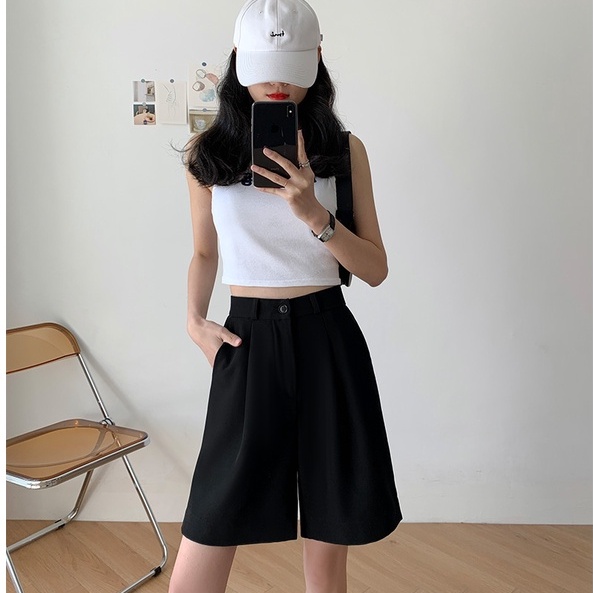 Quần short nữ lưng cao ống rộng màu đen dáng ngố lửng thể thao chất vải tuyết mưa Quần đùi nữ mặc ở nhà đi học tập gym