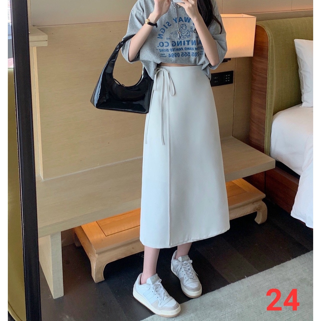 Chân váy nữ phong cách ulzzang lệch vạt cột nơ dáng dài