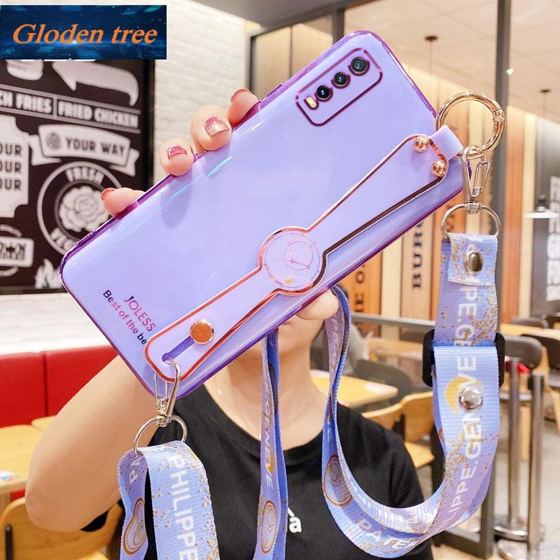 Ốp Điện Thoại Màu Kẹo Mạ Điện Có Dây Đeo Cổ Tay Cho Vivo Y12S Y20i Y20S Y20