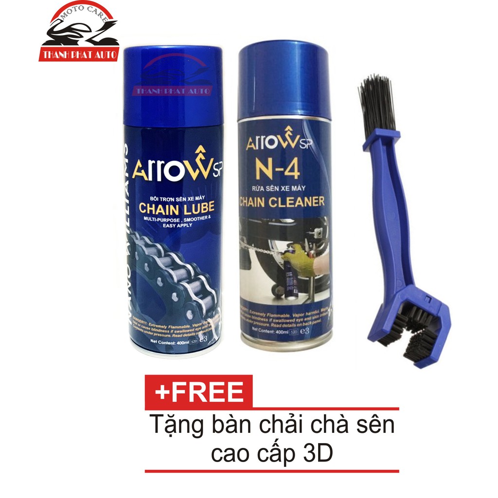 Combo Vệ sinh sên ArrowSP N-4 Chain Cleaner 400ml, Bôi trơn sên ArrowSP Chain Lube 400ml tặng bàn chải vệ sinh sên