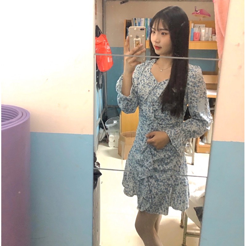 Váy hoa nhí viền bèo đuôi cá tay loe dáng ngắn siêu xinh