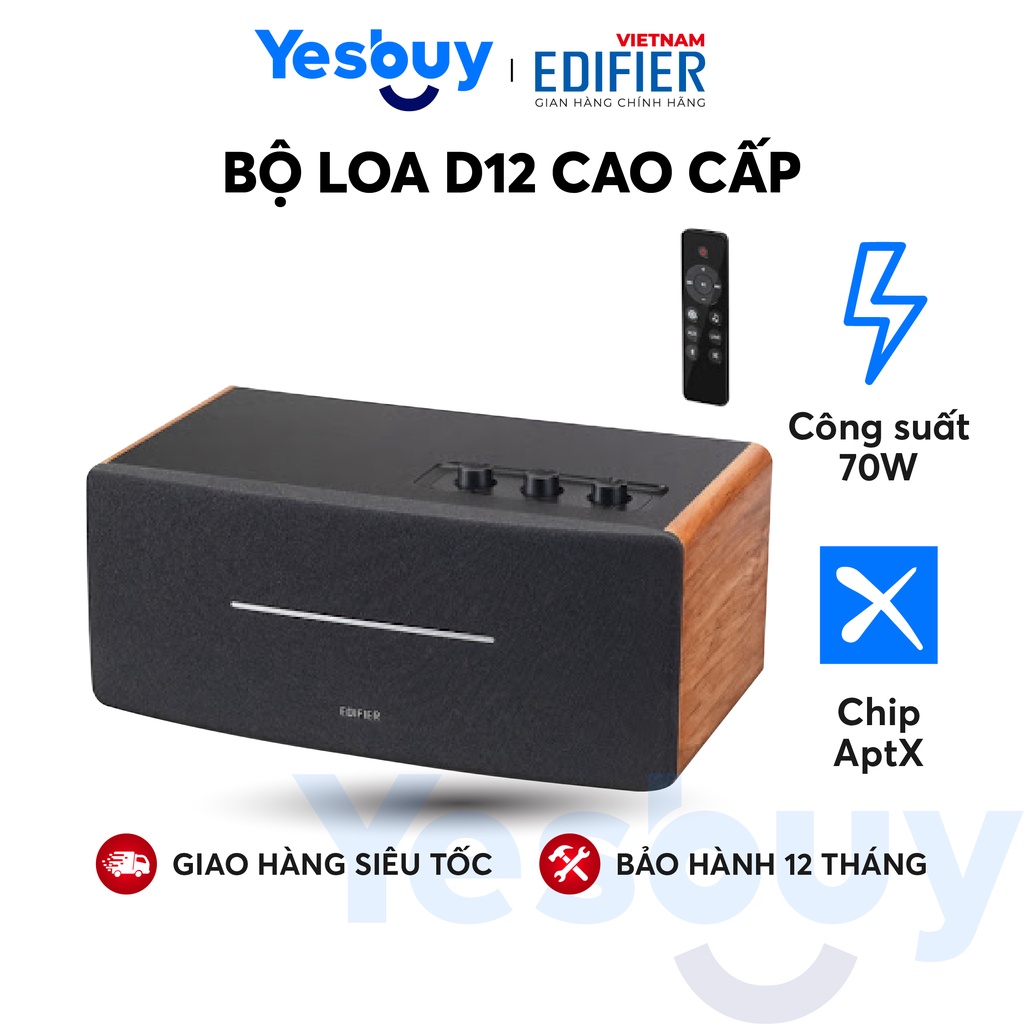 Loa Bluetooth 5.0 EDIFIER D12 Vỏ gỗ chống dội âm -Hỗ trợ AUX âm thanh nổi Stereo -Kèm remote điều khiển -Hàng Chính Hãng
