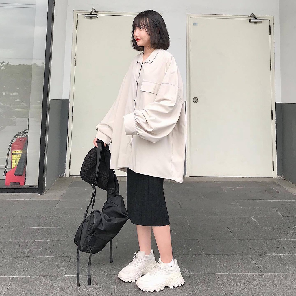 Áo Sơ Mi Tay Phồng  ANGELA Form Rộng JEM CLOSET Thiết Kế Cổ Trụ Nút Bấm Màu Be Phong Cách Trẻ Trung 1874