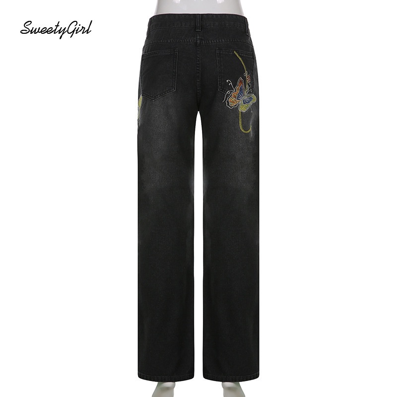 Quần Jeans Ống Rộng Lưng Cao Thêu Hình Bướm Mẫu Mới 2022 Cho Nữ