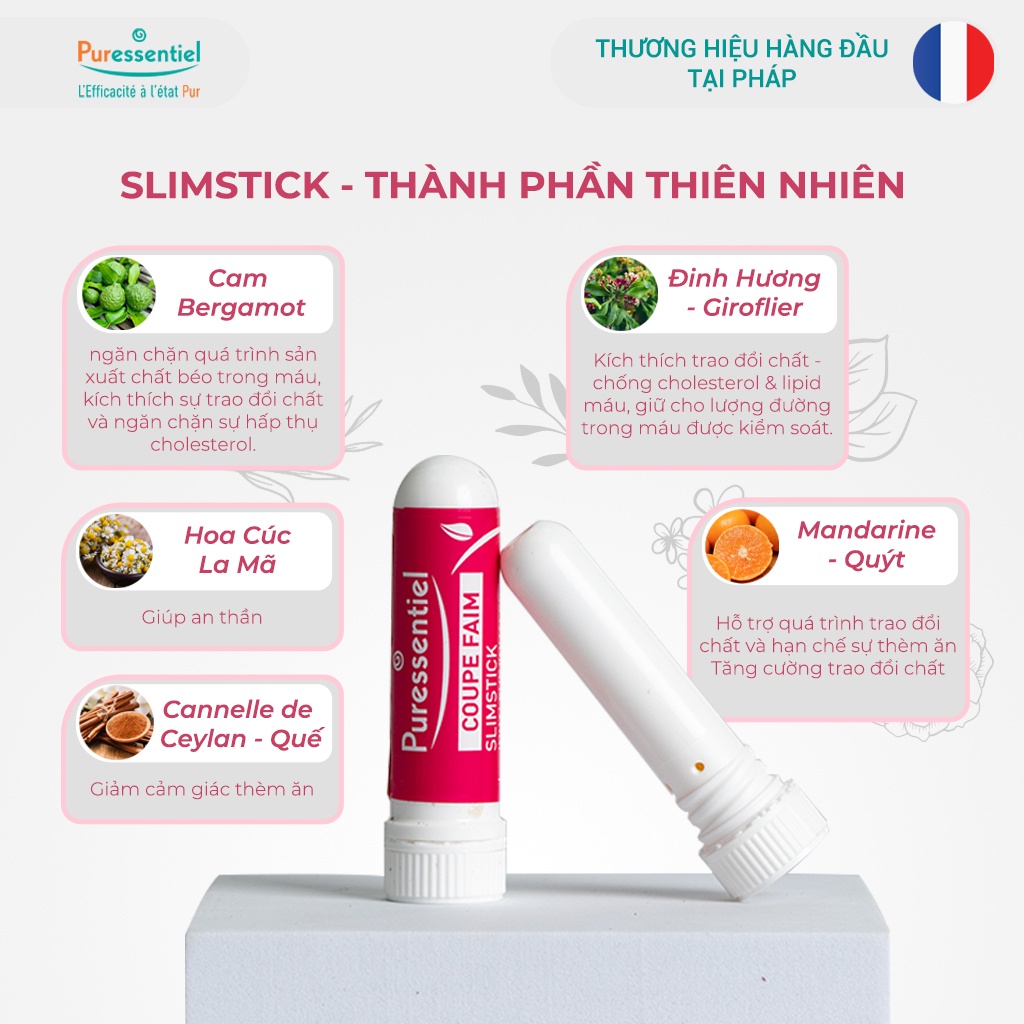 [Tặng thước dây] Thanh hít giảm cân Slimstick Puressentiel 10ml, giảm cảm giác thèm ăn, hỗ trợ giảm cân nhanh