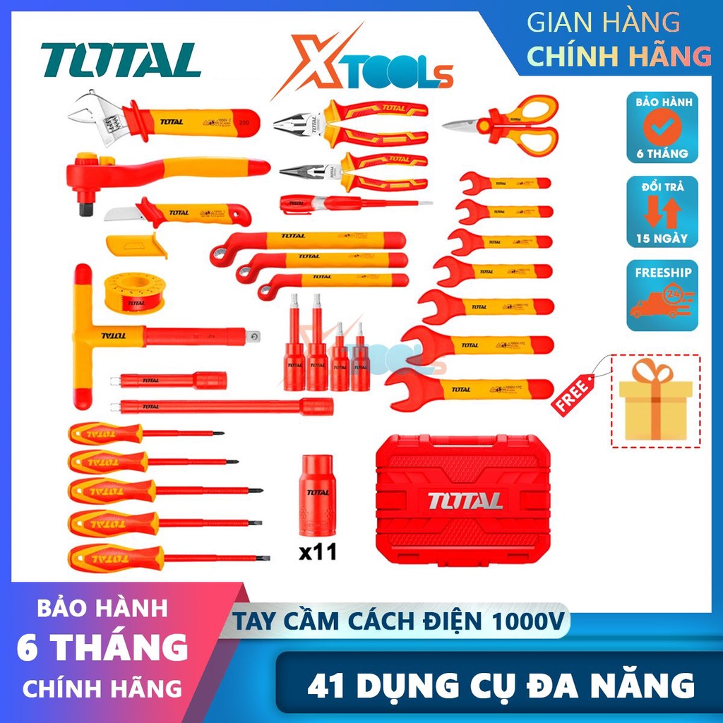 Bộ 41 dụng cụ cách điện TOTAL THKITH4101, Bộ 41 công cụ cách điện có chứng nhận 1000V, VDE / GS [CHÍNH HÃNG][XTOOLS]