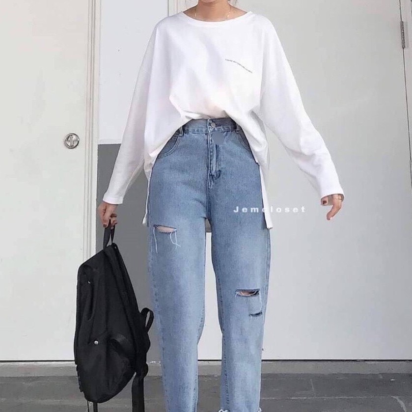 Quần jeans nữ Shynstores - quần baggy jeans Unisex rách đùi cạp cao vải dày đẹp freeship