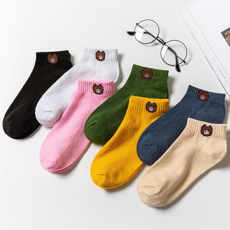 Set 10/ 5 đôi vớ cotton thoáng khí thấm hút mồ hôi in hình gấu hoạt hình dễ thương nhiều màu sắc