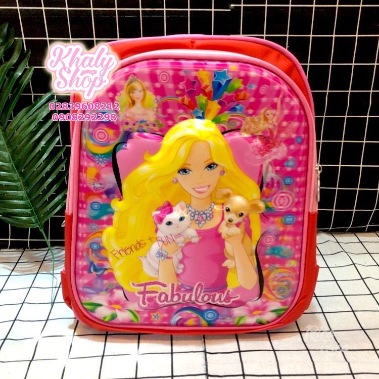 Balo, cặp táp 14&quot; 2 ngăn hình công chúa Barbie 3D màu đỏ viền hồng cho học sinh bé gái - BLBARBIELA (26x12x36cm)