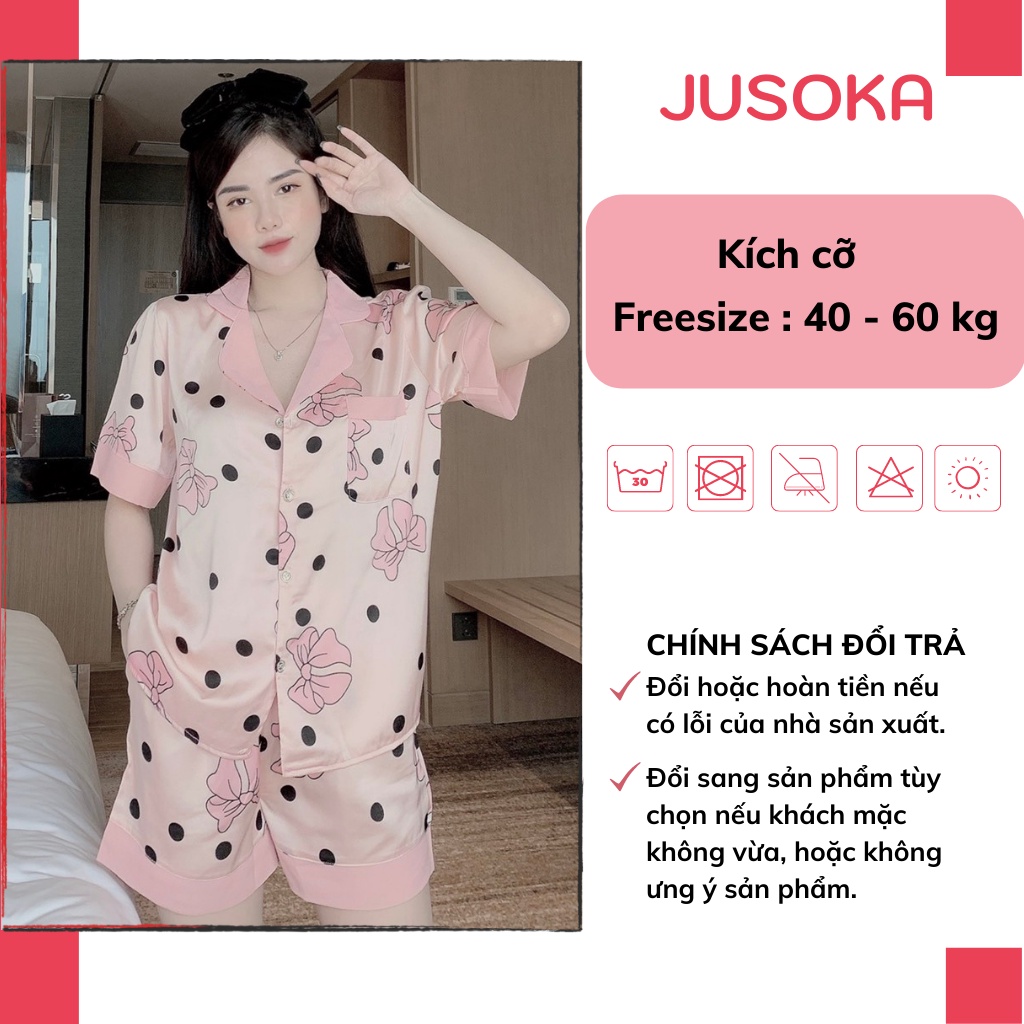 Đồ bộ nữ pijama lụa ngủ áo cộc quần đùi mặc nhà dễ thương chất liệu latin cao cấp JUSOKA
