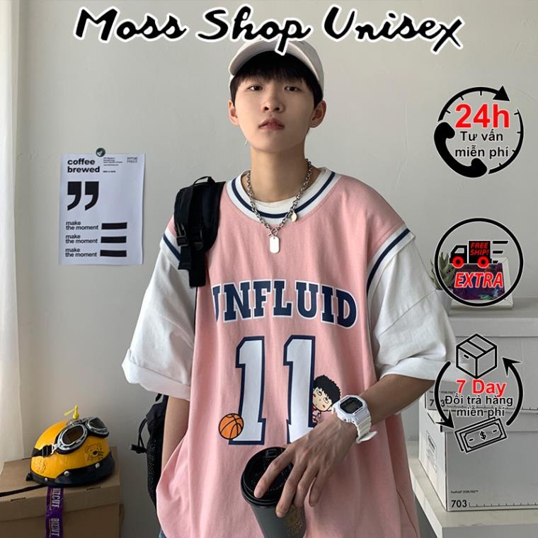 Áo thun tay lỡ unisex Số 11 phối tay MOSSSHOP - Áo phông bóng rổ nam nữ phong cách hàn quốc ulzzang form rộng 65kg *