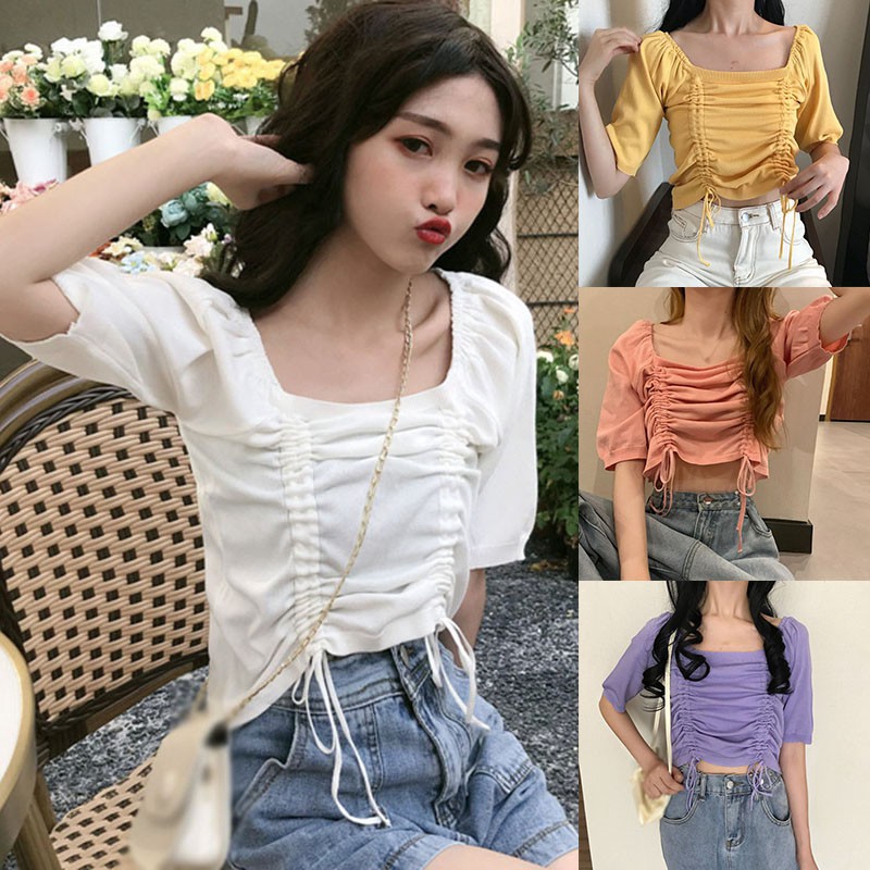 Áo Dệt Kim Tay Ngắn Cổ Vuông Phong Cách Hàn Quốc