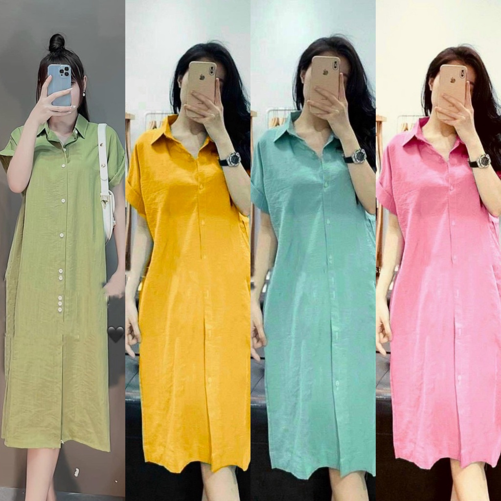 : Váy sơ mi chất đũi mịn mát đủ máu dáng suông kèm ảnh thật trải sàn