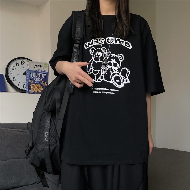 Áo thun tay lỡ form rộng - phông nam nữ cotton oversize - T shirt 2 chú gấu a - 2N Unisex