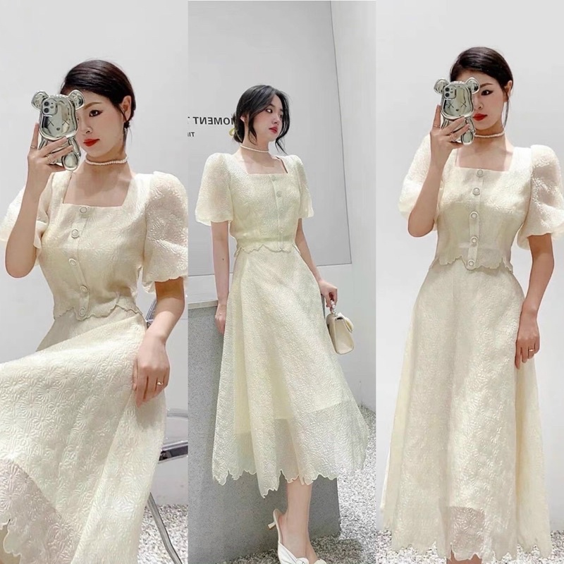 Set áo croptop tay ngắn cổ vuông với chân váy midi trắng