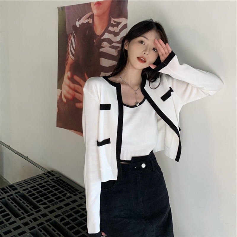 ZHELIHANGFEI Bộ Áo Cardigan Dệt Kim Hai Dây + Quần Lưng Cao Gợi Cảm Dành Cho Nữ