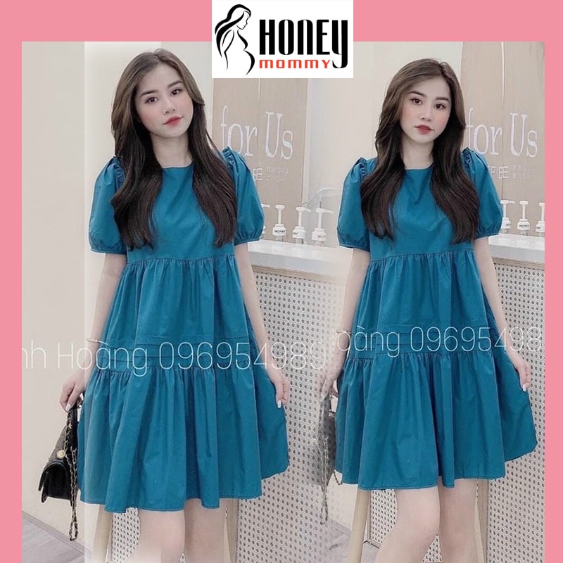 Váy Bầu Tết Dáng Babydoll Mùa Hè Công Sở Màu Xanh Đầm Bầu Xinh Thiết Kế Đẹp Dáng Rộng Mặc Đi Làm HD2664 Honey Mommy