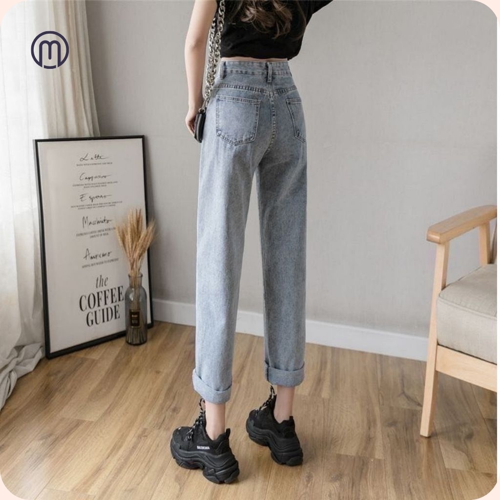 Quần jean baggy nữ lưng cao ống rộng đứng chất liệu jean cotton