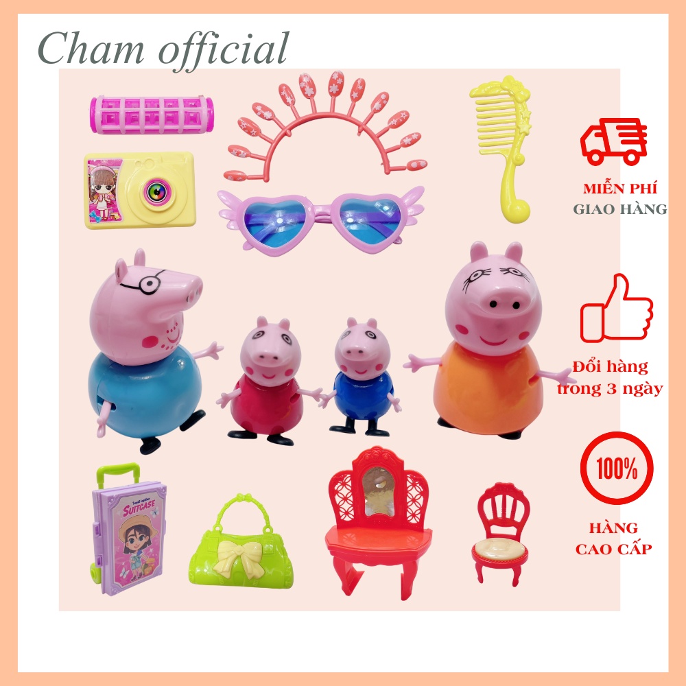 Bộ đồ chơi cho bé trai, bé gái cao cấp Cham đồ chơi gia đình kèm phụ kiện xinh vali, túi xách, kính mắt, lược heo Peppa