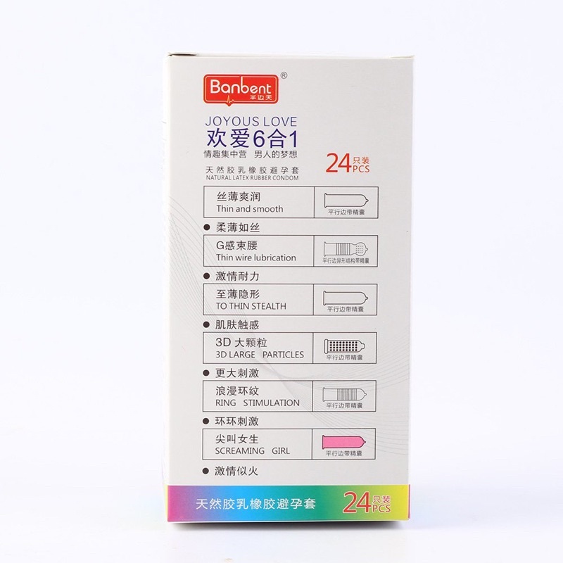 Bao cao su BANBENT Joyous love 001, 6 trong 1 hộp 24 bcs, siêu mỏng, nhiều gel, hương thơm,gân gai kéo dài , 3d