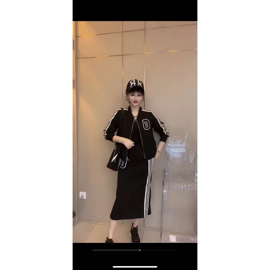 Set Áo Khoác Cardigan Phối Chân Váy Họa Tiết Kẻ Sọc In Chữ Thời Trang Mùa Thu 2022