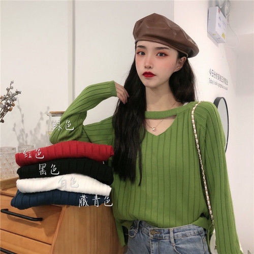 COZOK Áo Sweater dài tay cổ chữ V thời trang xinh xắn