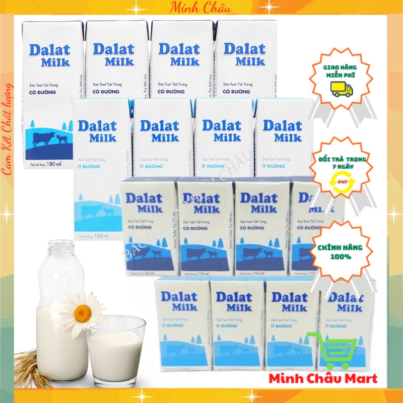 Sữa Dalatmilk Tiệt Trùng Có Đường/ Ít Đường/ Không Đường Vỉ 4 Hộp * 180ml - 110ml